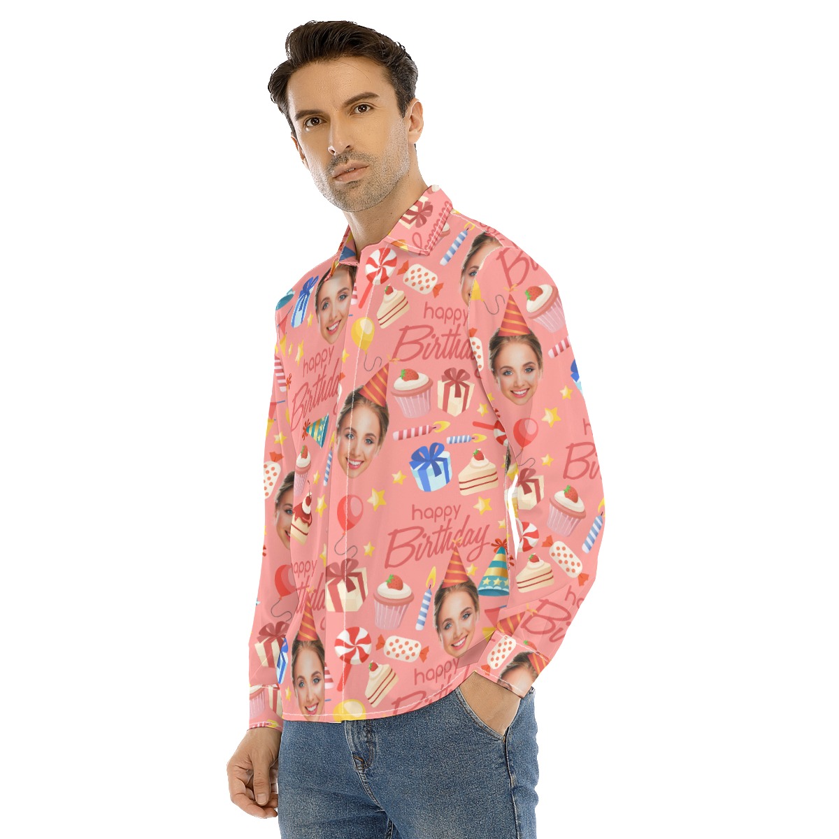Custom Face Birthday Pink Long Sleeve Hawaiian Shirt For Men