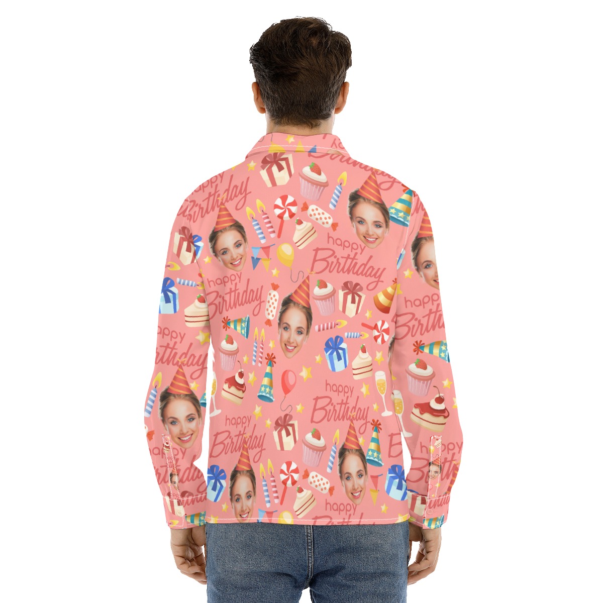 Custom Face Birthday Pink Long Sleeve Hawaiian Shirt For Men