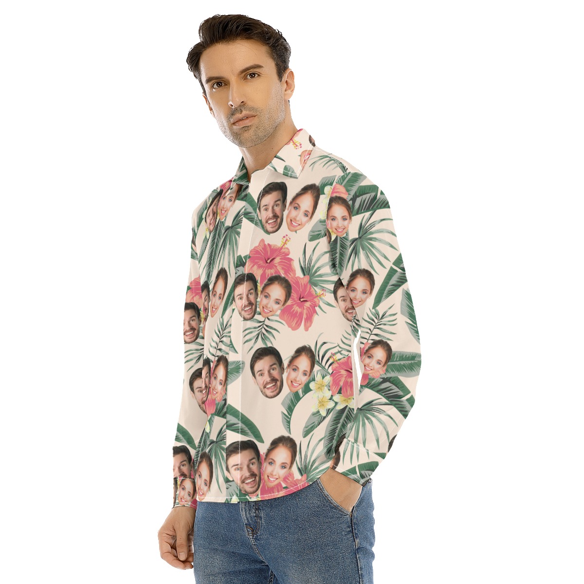 Couple Custom Face Long Sleeve Hawaiian Shirt