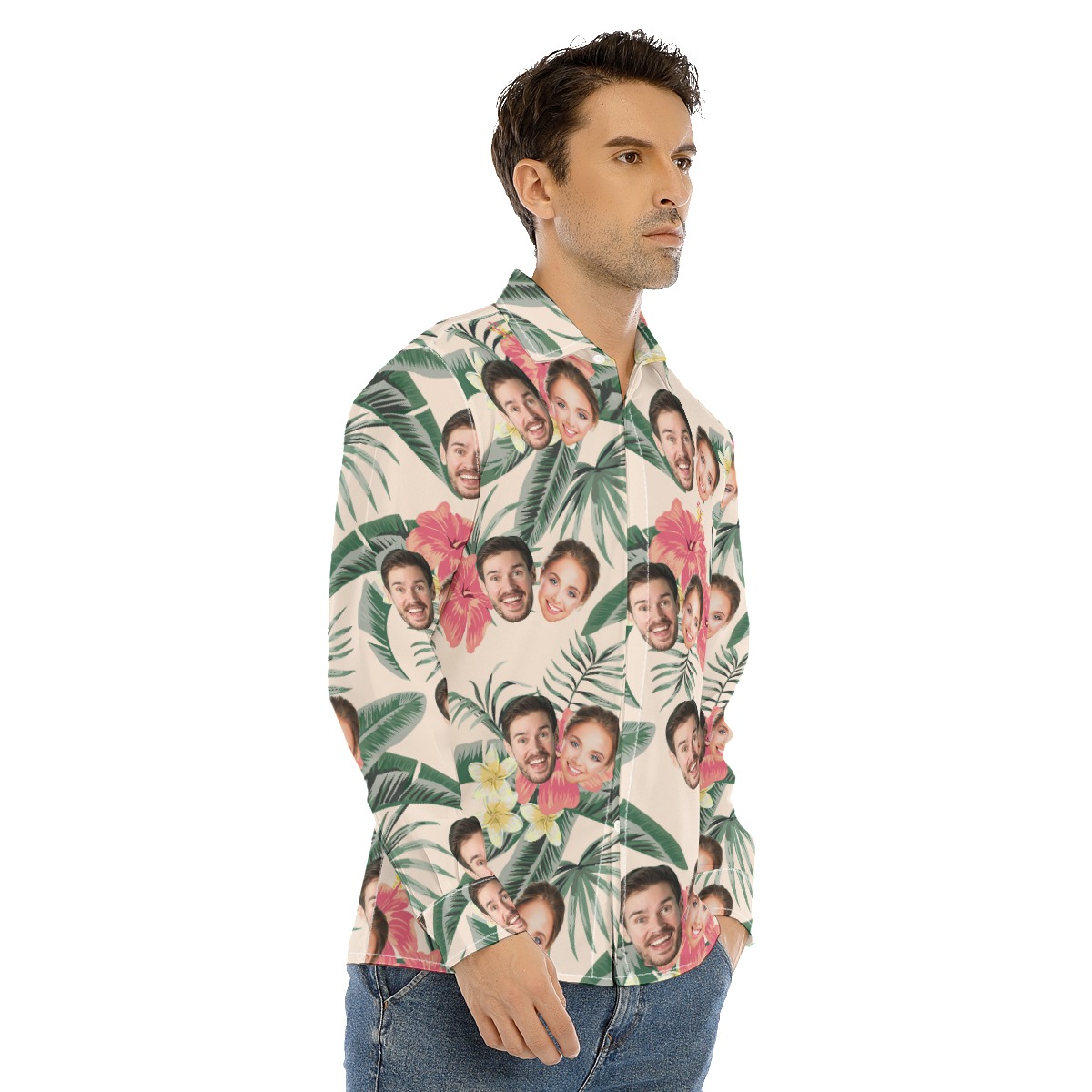 Couple Custom Face Long Sleeve Hawaiian Shirt