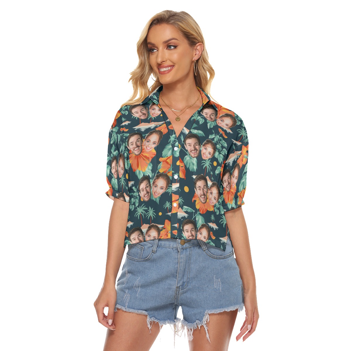 Custom 2 Faces Couple Hawaiian Crop Top - variant image 1