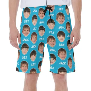 Men's Hawaiian Swim Trunks With Two Custom Faces And Name