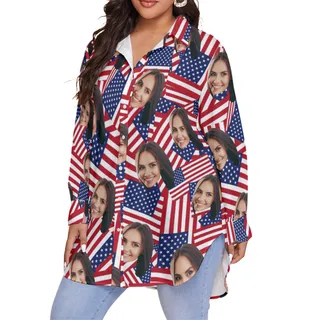 Custom Face USA Flag Oversized Hawaiian Shirt For Women