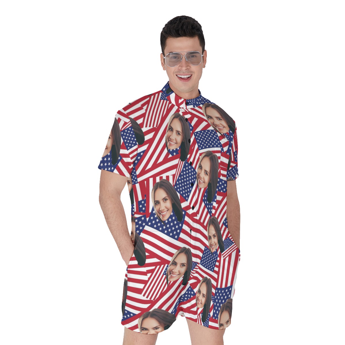 Custom Face USA Flag Aloha Rompers For Men - variant image 1