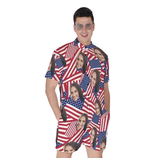 Custom Face USA Flag Aloha Rompers For Men