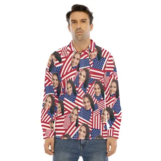 Custom Face American Flag Long Sleeve Hawaiian Shirt For Men