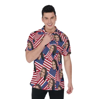 Custom Face USA Flag Polo Hawaiian Shirt For Men