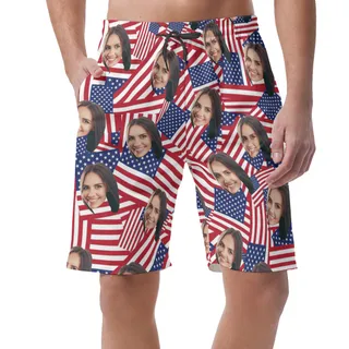 Custom Face American Flag Hawaiian Shorts For Men