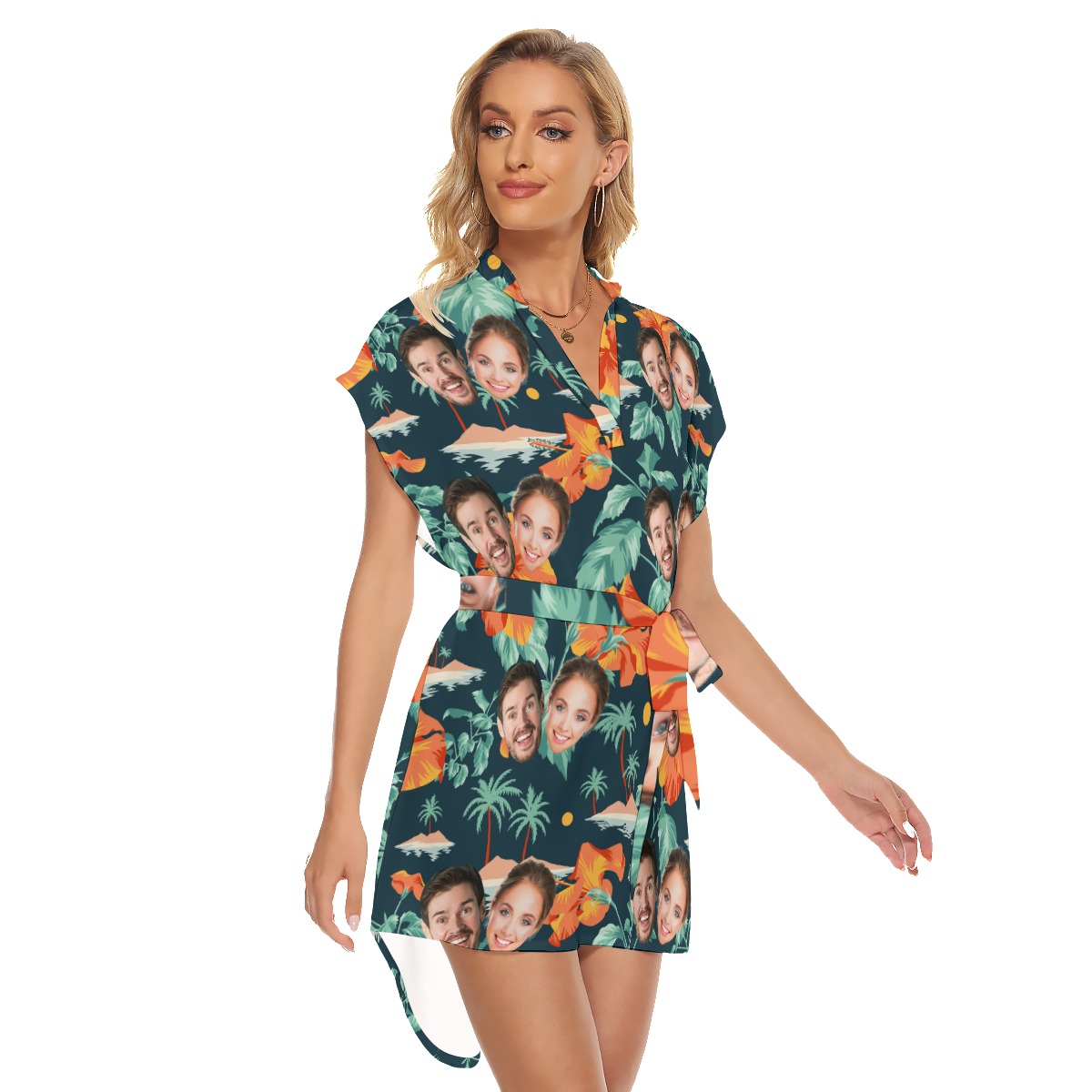 Custom 2 Faces Hawaiian Dress With Tie