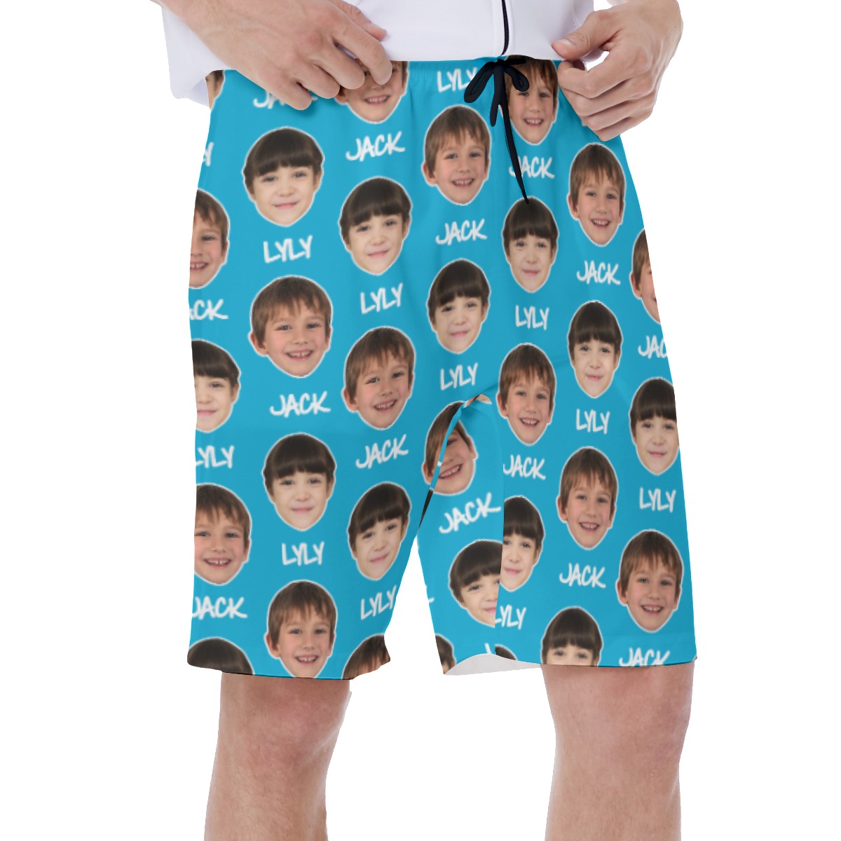 Men's Hawaiian Swim Trunks With Two Custom Faces And Name