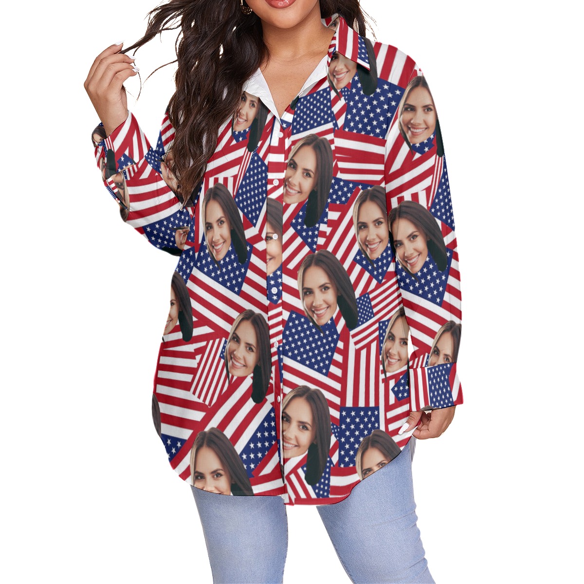 Custom Face USA Flag Oversized Hawaiian Shirt For Women