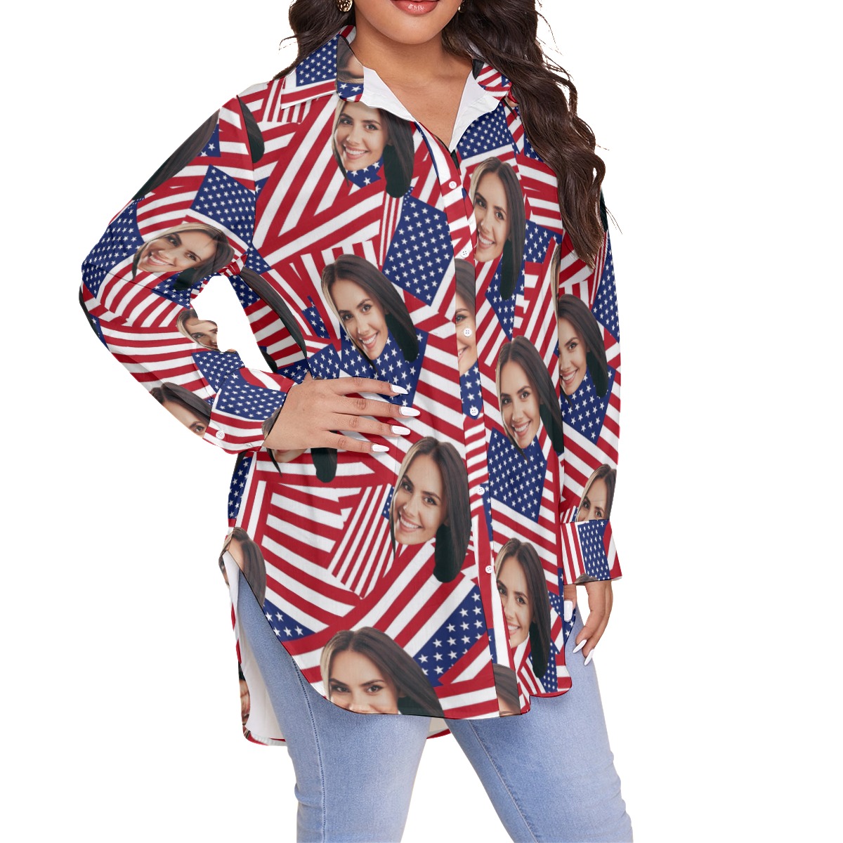Custom Face USA Flag Oversized Hawaiian Shirt For Women