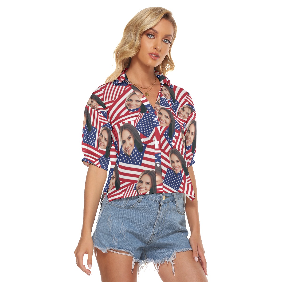 Custom Face American Flag Cropped Hawaiian Shirt For Women