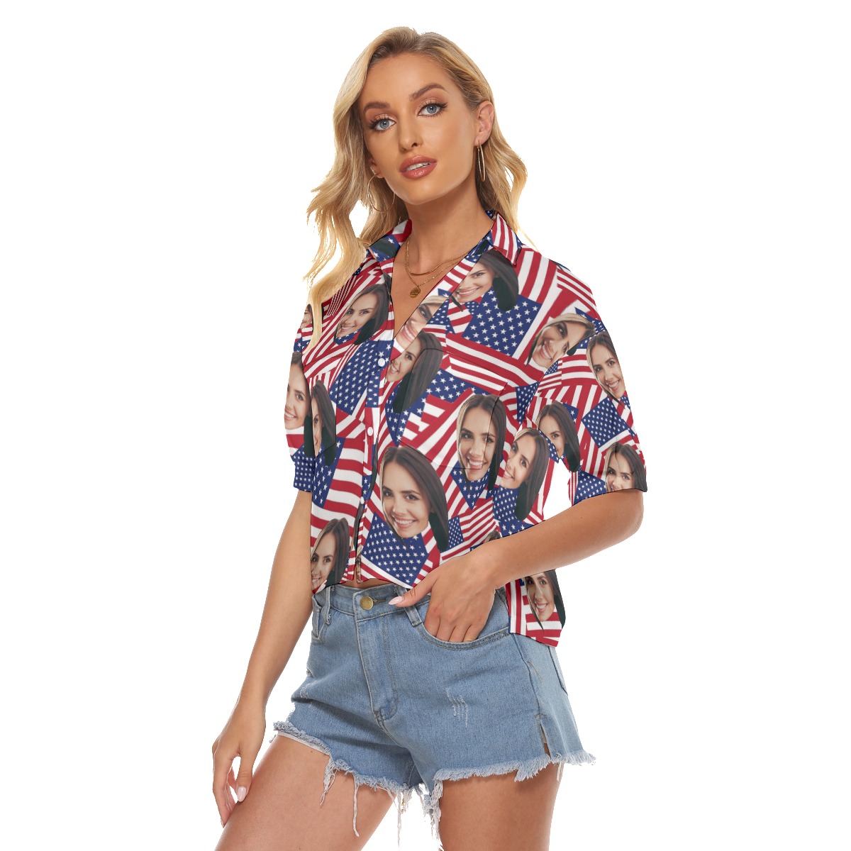 Custom Face American Flag Cropped Hawaiian Shirt For Women