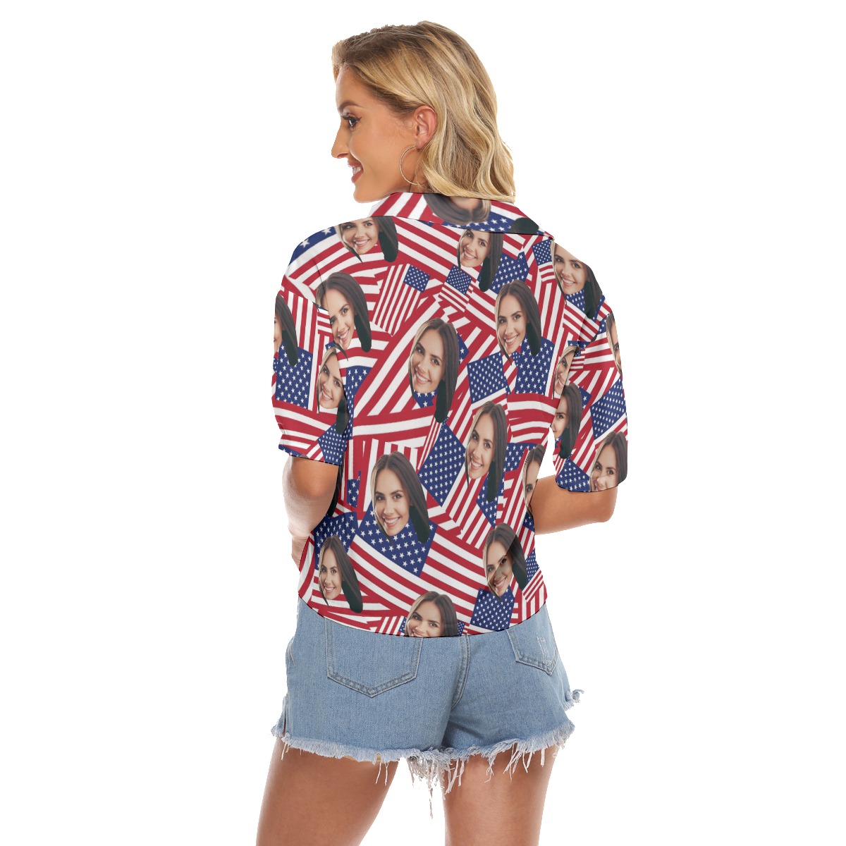 Custom Face American Flag Cropped Hawaiian Shirt For Women