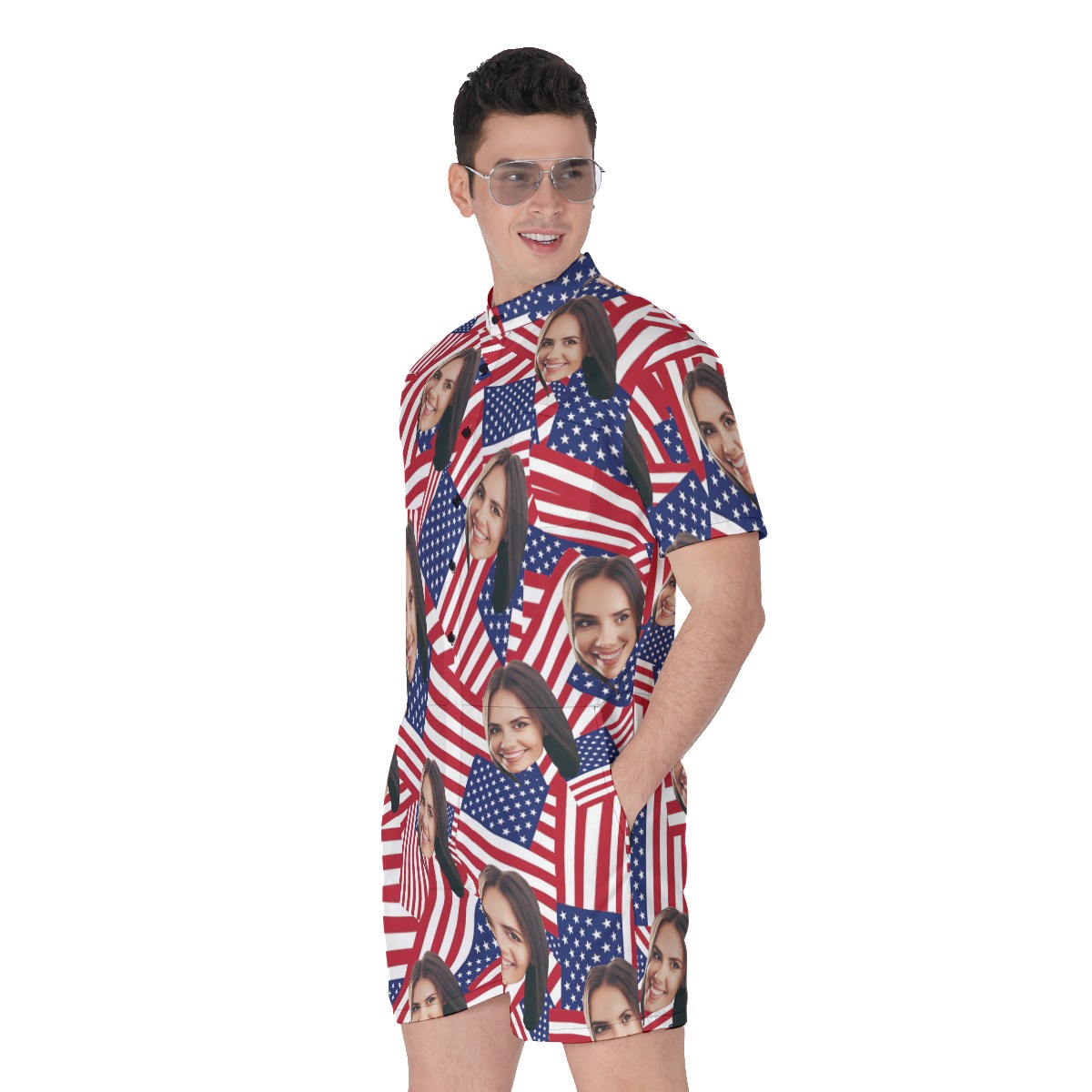 Custom Face USA Flag Aloha Rompers For Men