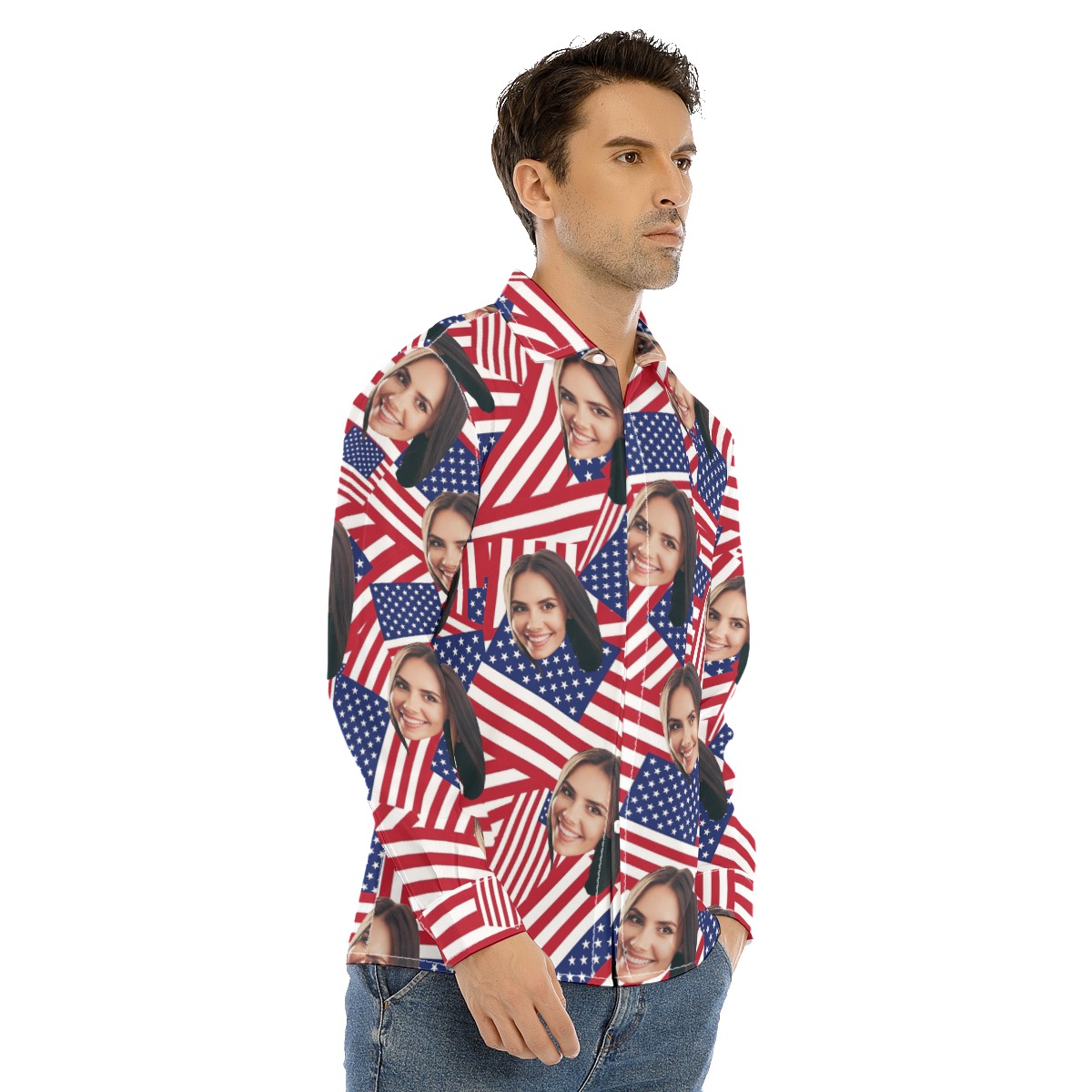 Custom Face American Flag Long Sleeve Hawaiian Shirt For Men