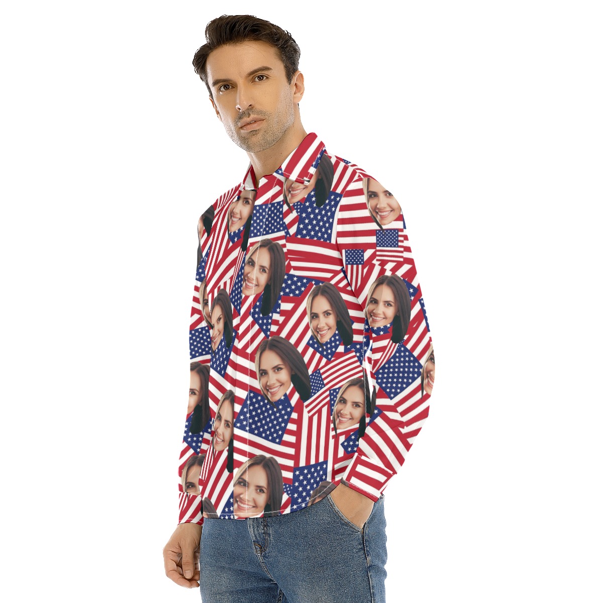 Custom Face American Flag Long Sleeve Hawaiian Shirt For Men