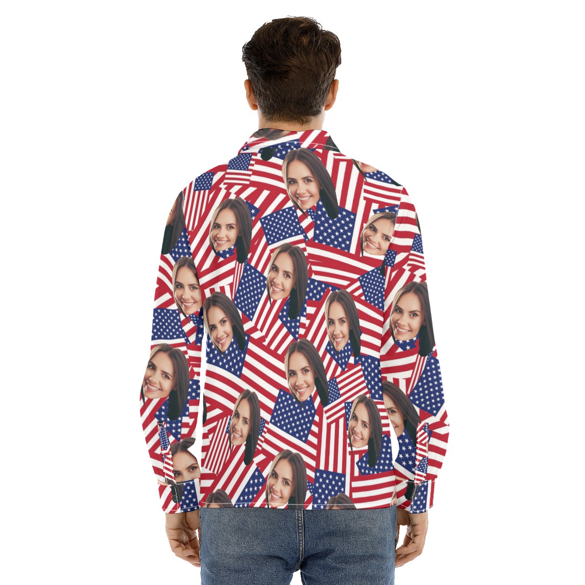 Custom Face American Flag Long Sleeve Hawaiian Shirt For Men