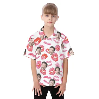 Cute Custom Face With Red Lips Hawaiian Shirt For Kids