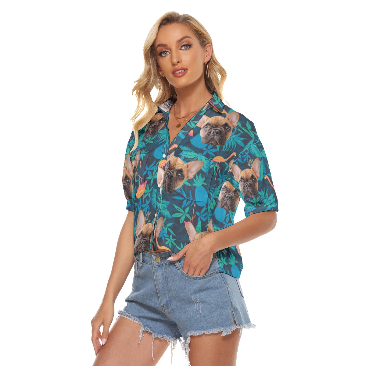 Custom Dog Face Cropped Hawaiian Shirt For Women