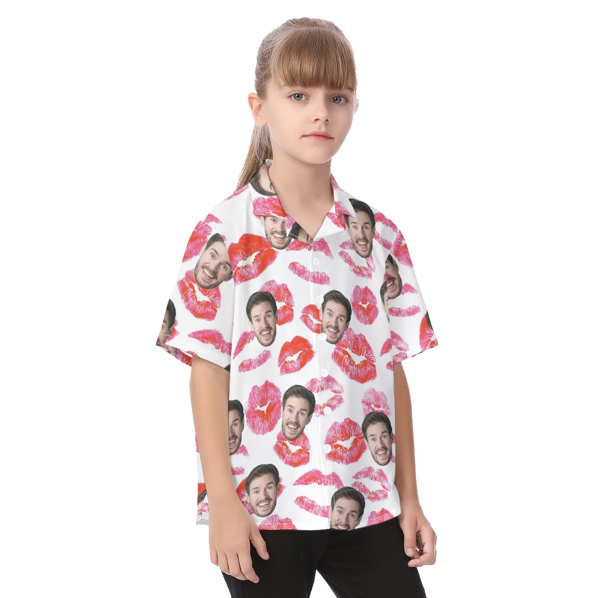 Cute Custom Face With Red Lips Hawaiian Shirt For Kids