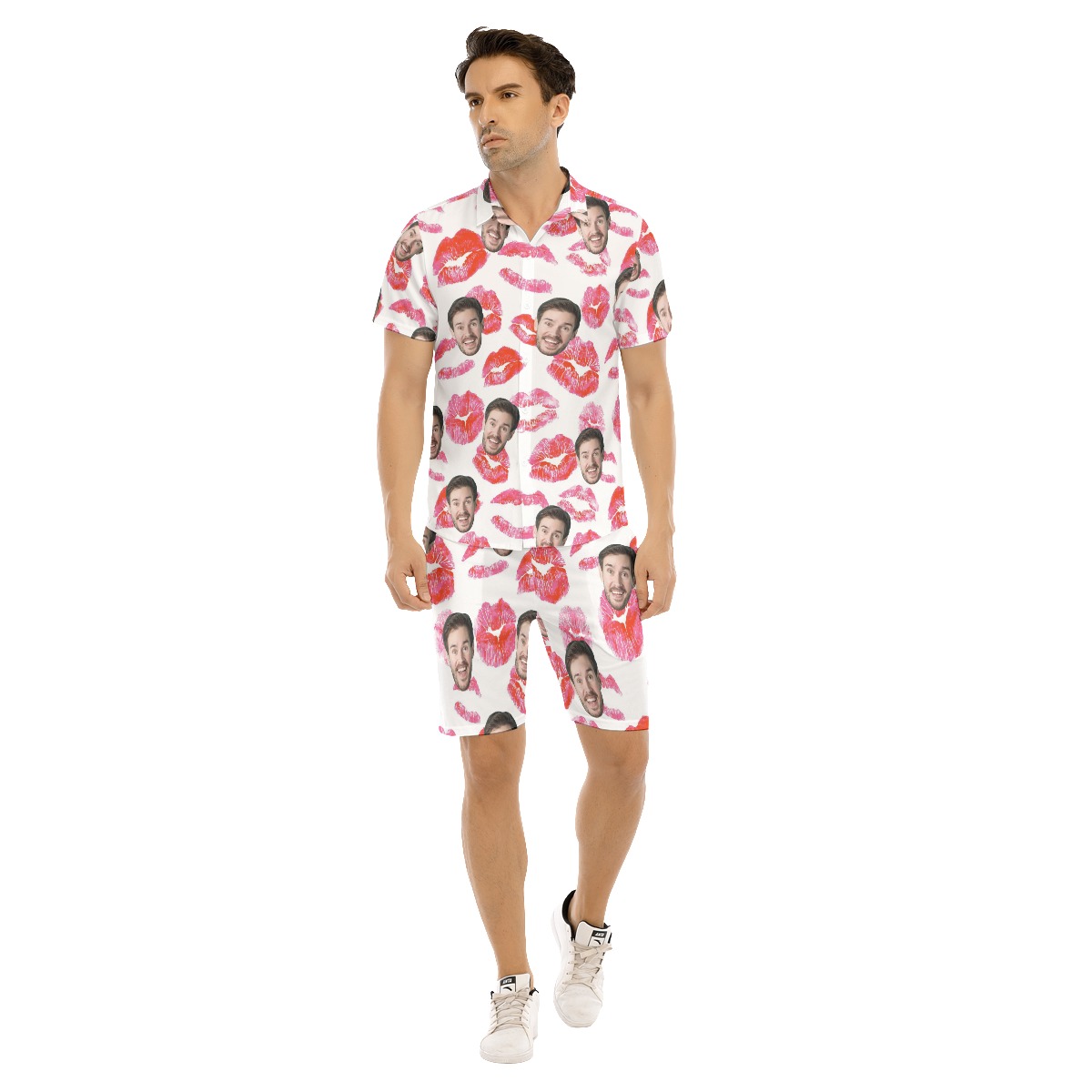 Funny Custom Face Red Lips Valentine Hawaiian Shirt And Shorts - variant image 1
