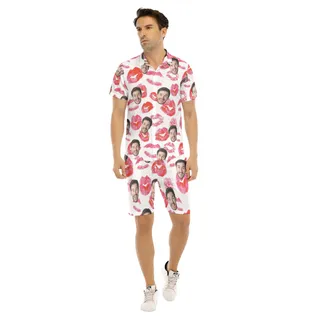 Funny Custom Face Red Lips Valentine Hawaiian Shirt And Shorts