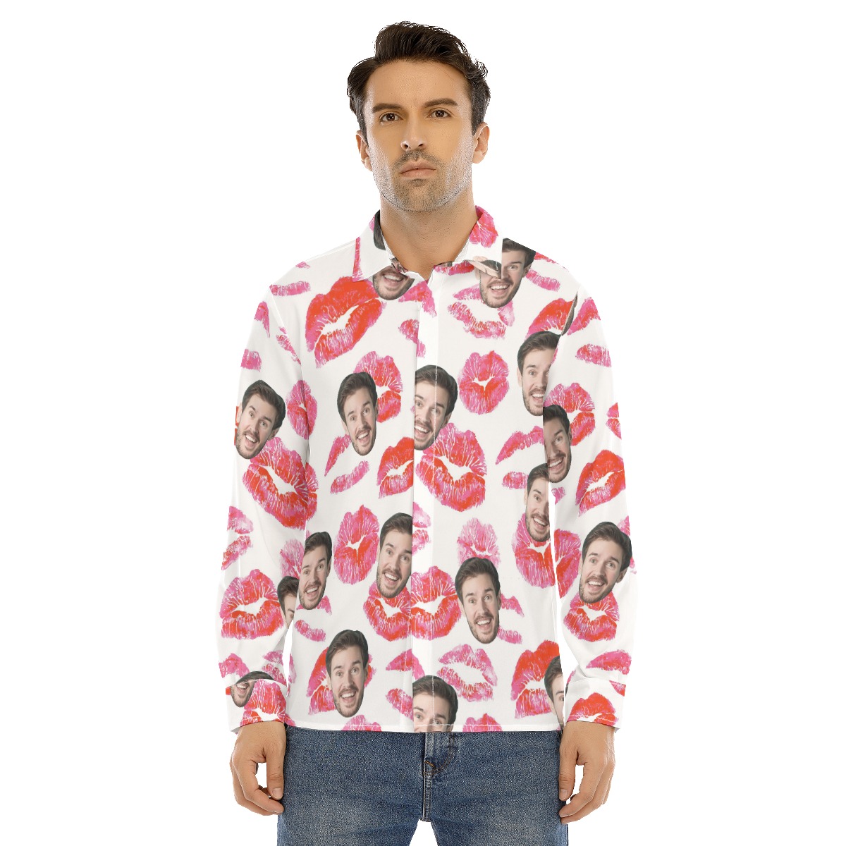 Valentine Custom Face Hawaiian Long Sleeve Shirt For Men - variant image 1