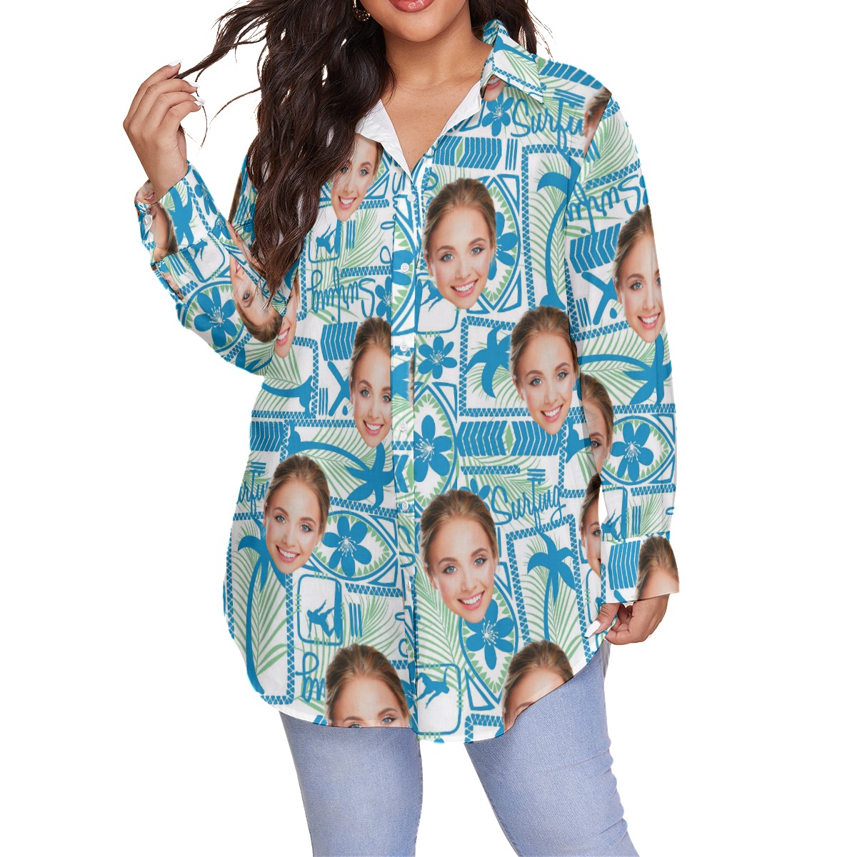 Surfing Custom Face Long Sleeve Hawaiian Shirt Plus Size - variant image 1
