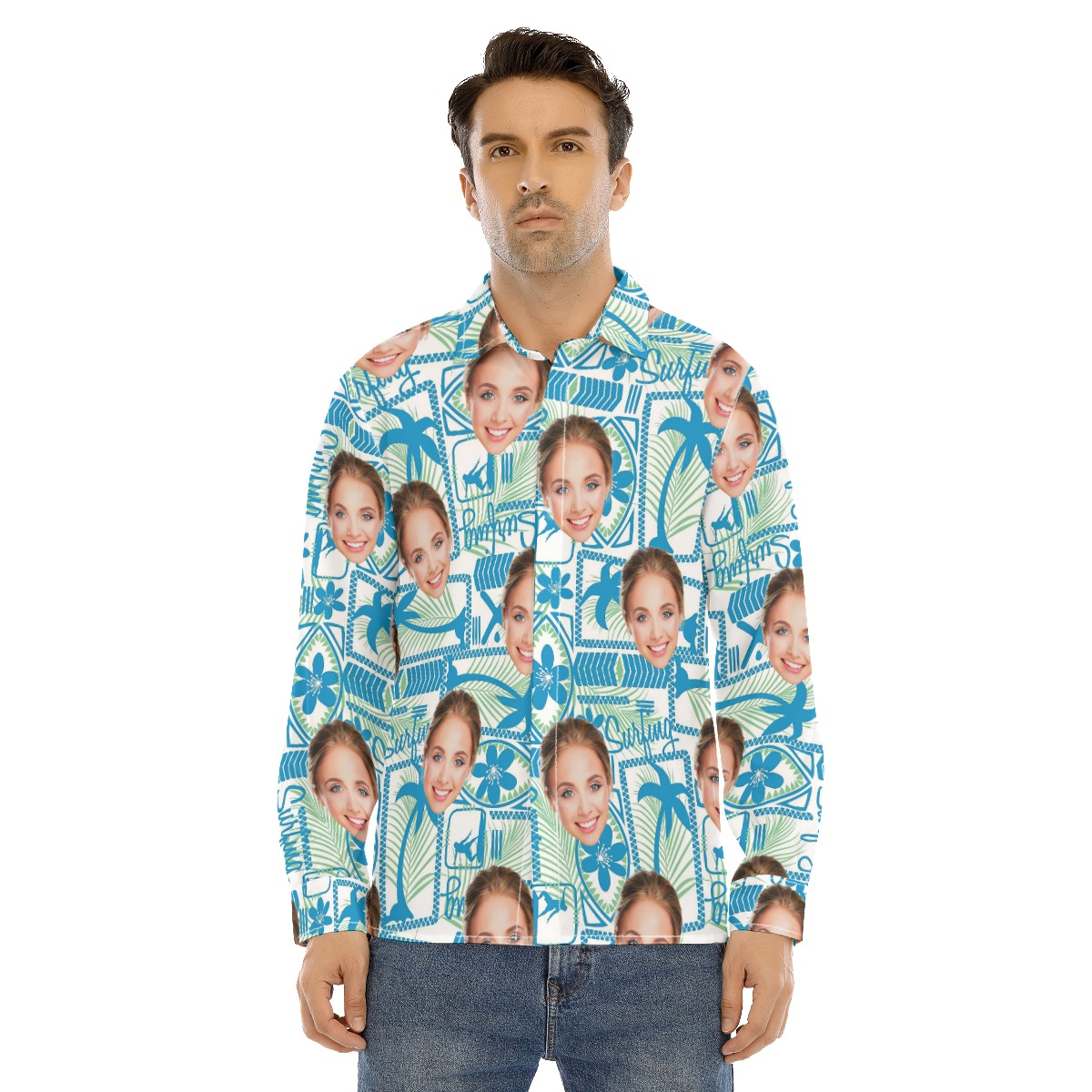 Surfing Custom Face Blue Button Up Shirt - variant image 1