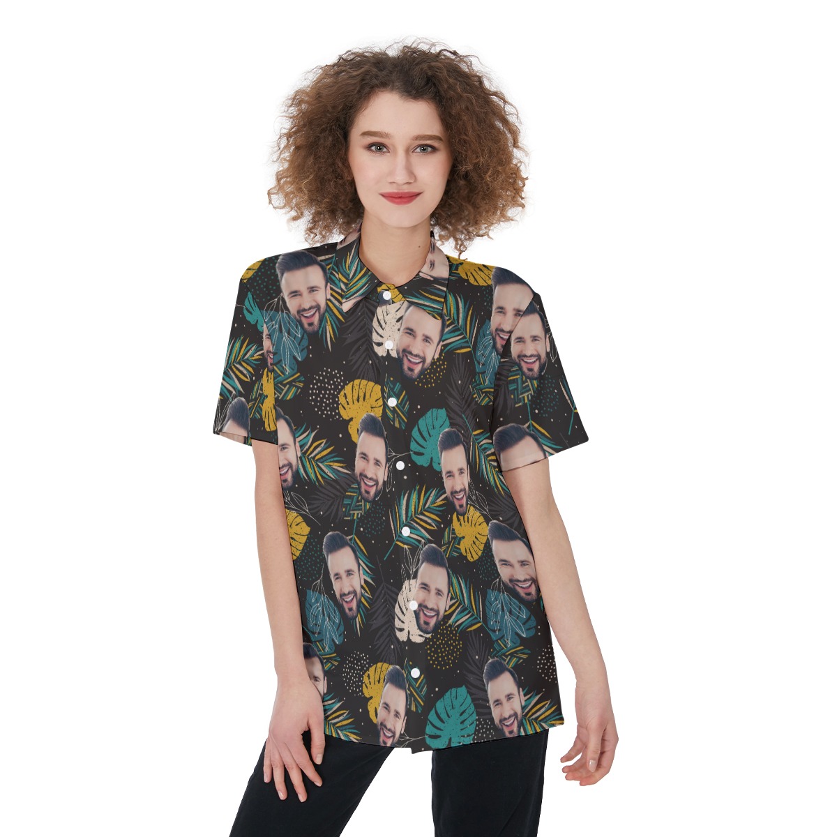 Black Custom Face Button Up Shirt For Women - variant image 1