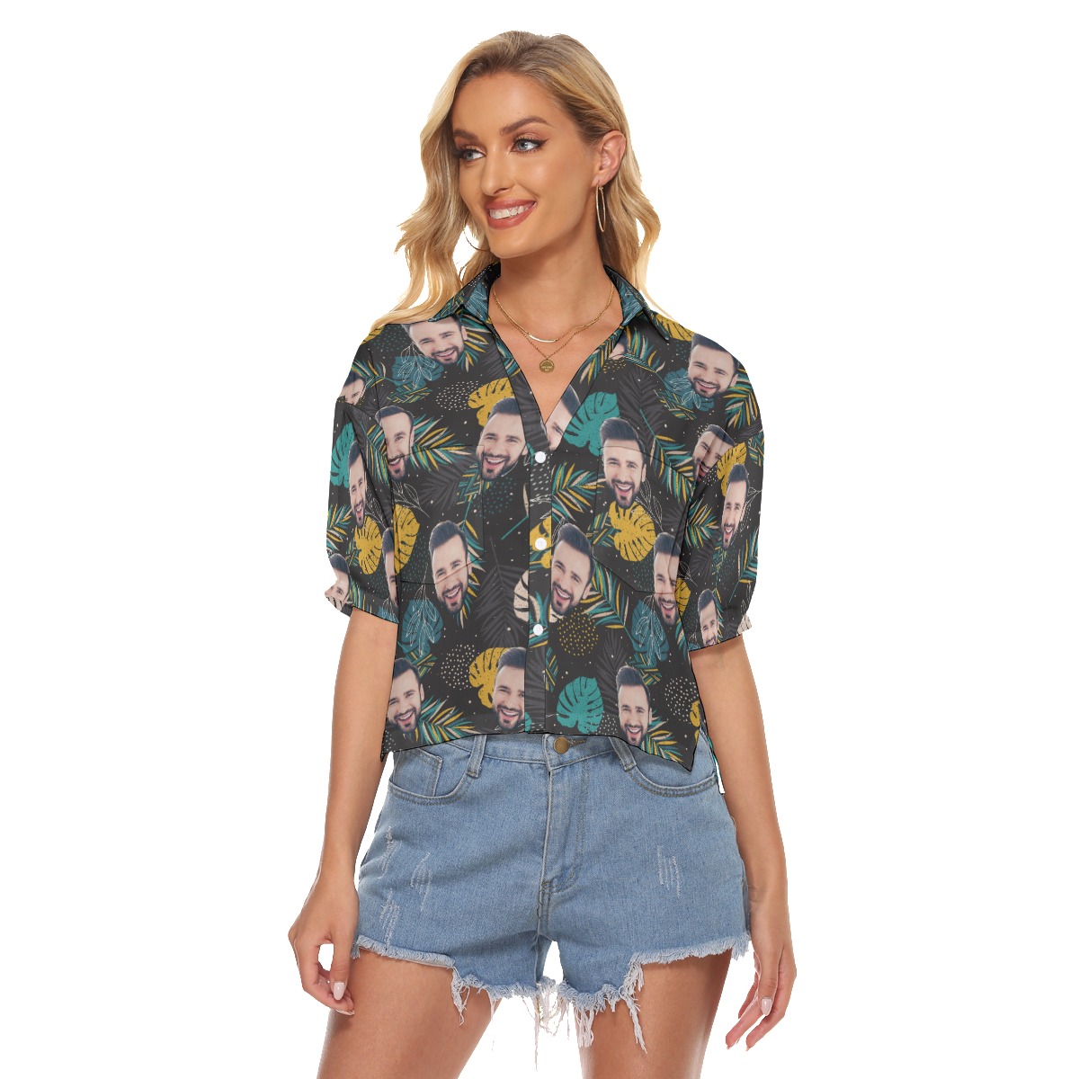 Funny Custom Face Button Up Crop Top - variant image 1