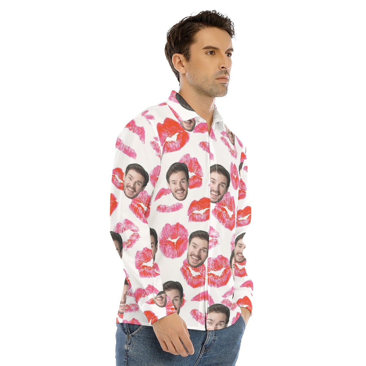 Valentine Custom Face Hawaiian Long Sleeve Shirt For Men