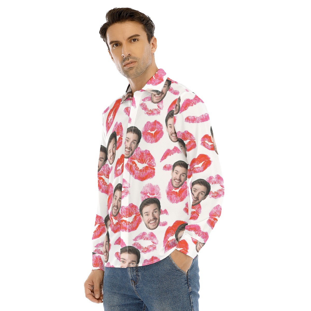Valentine Custom Face Hawaiian Long Sleeve Shirt For Men