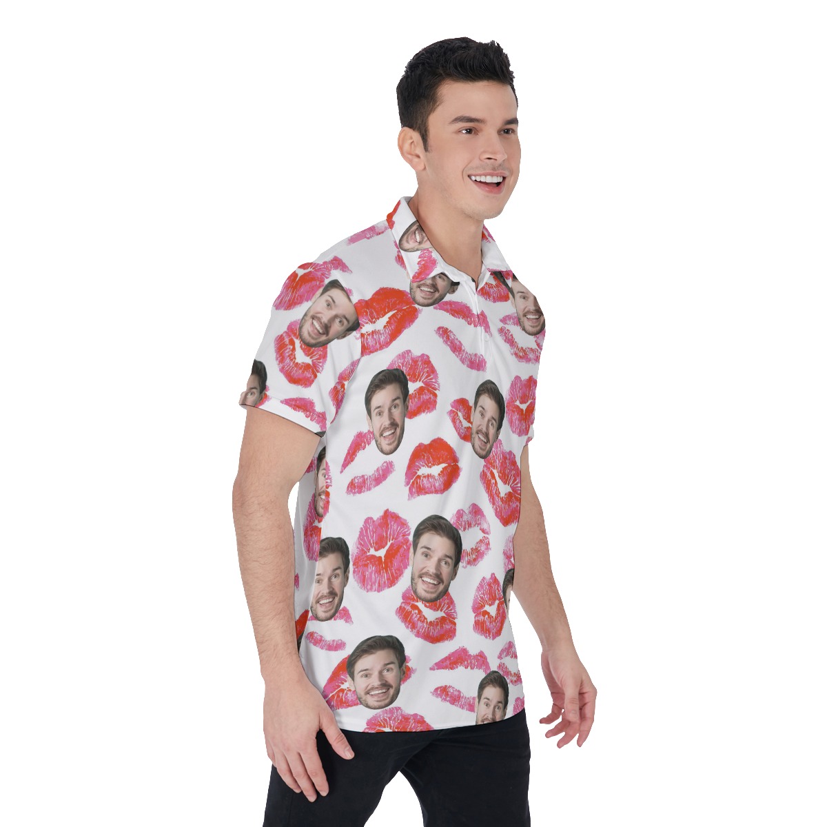 Funny Custom Face With Red Lips Hawaiian Polo Shirt