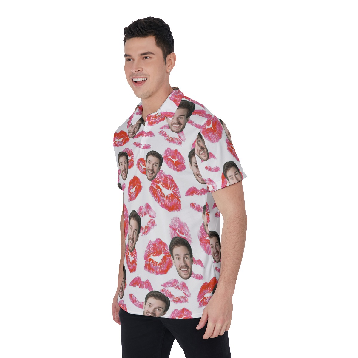 Funny Custom Face With Red Lips Hawaiian Polo Shirt