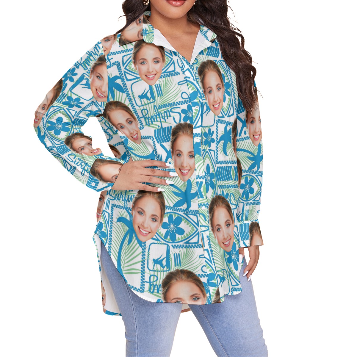 Surfing Custom Face Long Sleeve Hawaiian Shirt Plus Size