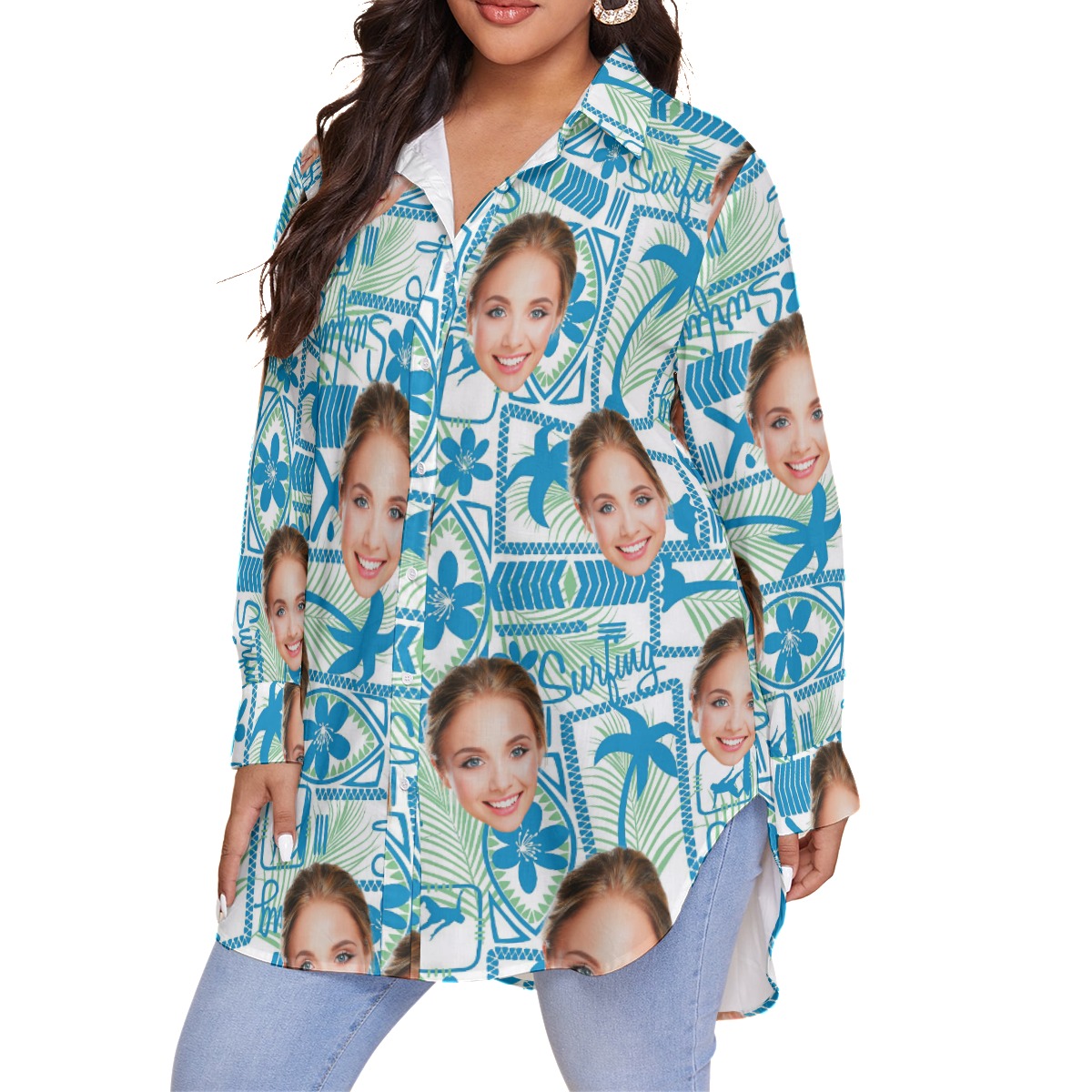 Surfing Custom Face Long Sleeve Hawaiian Shirt Plus Size