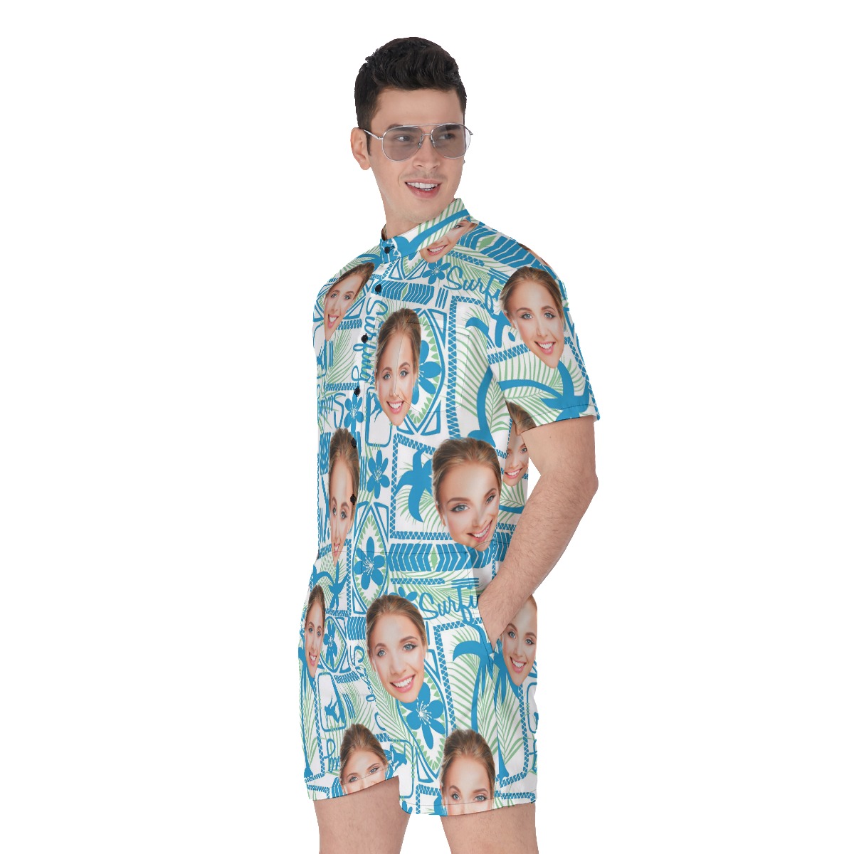 Surfing Men's Hawaiian Romper With Custom Face