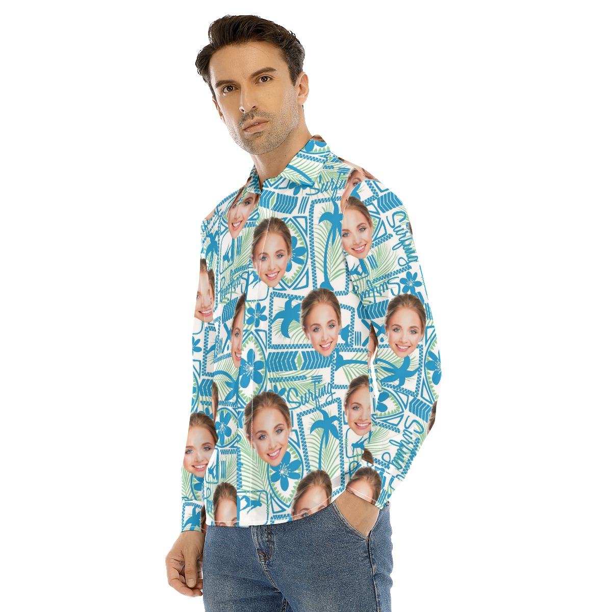 Surfing Custom Face Blue Button Up Shirt
