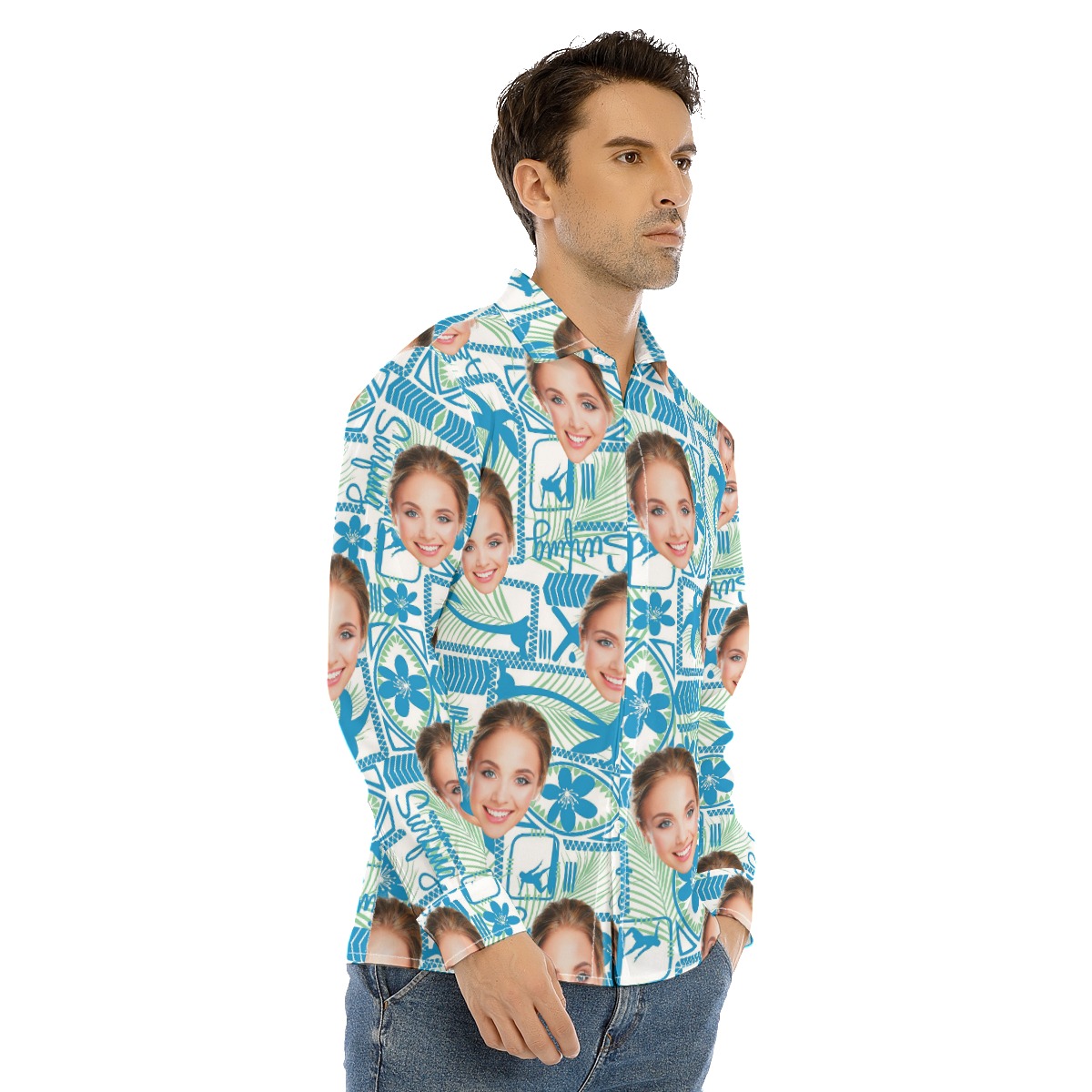 Surfing Custom Face Blue Button Up Shirt