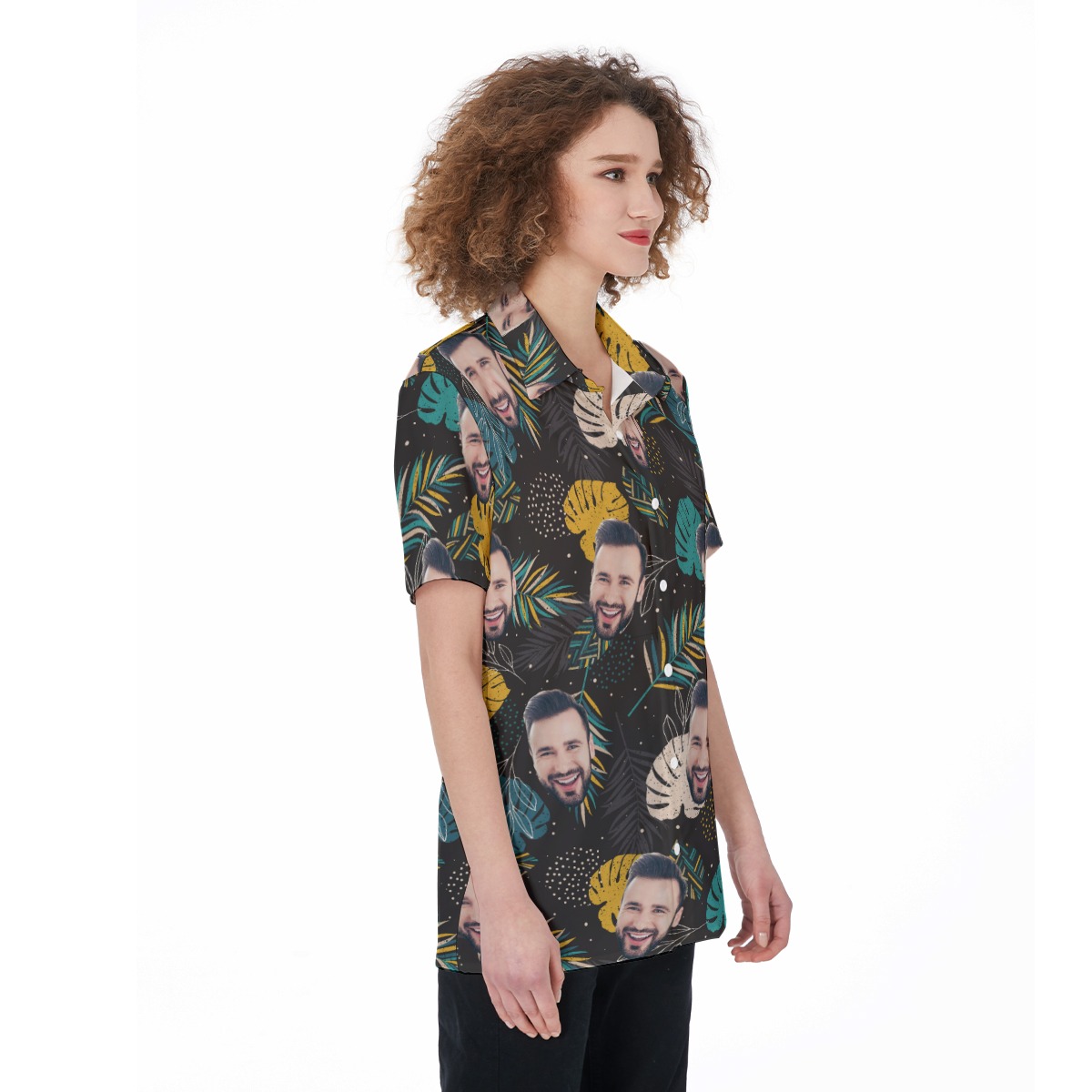 Black Custom Face Button Up Shirt For Women
