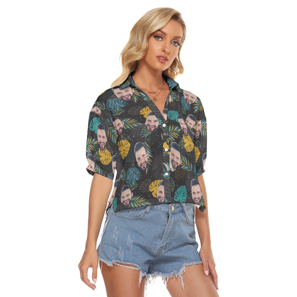 Funny Custom Face Button Up Crop Top