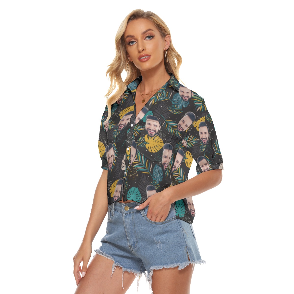 Funny Custom Face Button Up Crop Top
