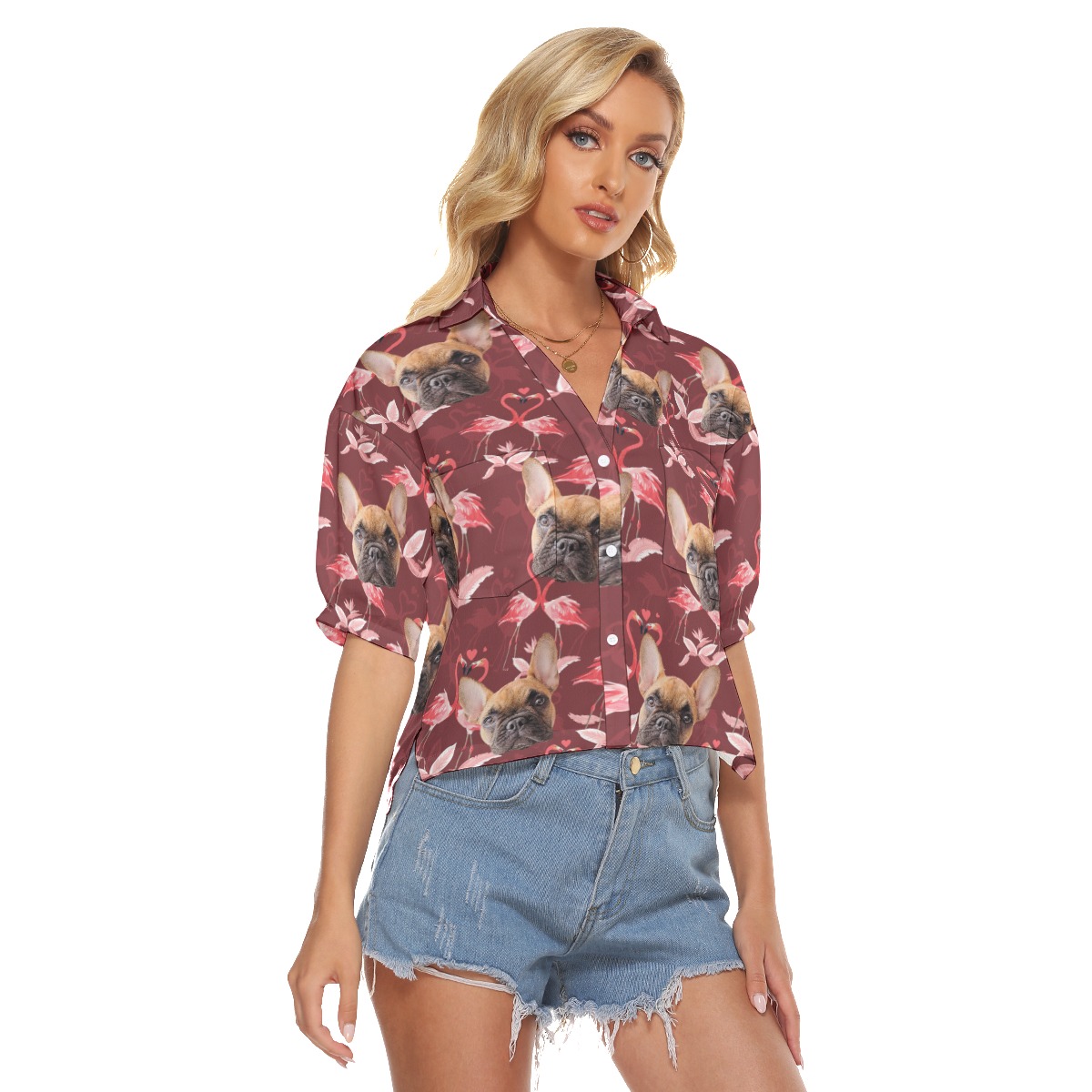 Women's Custom Dog Face Cropped Hawaiian Shirt