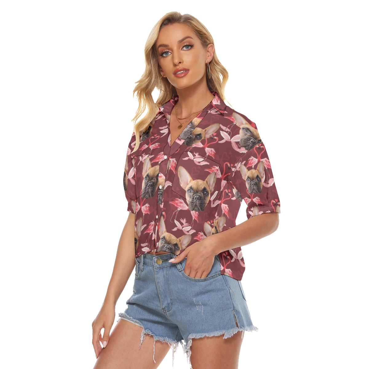 Women's Custom Dog Face Cropped Hawaiian Shirt