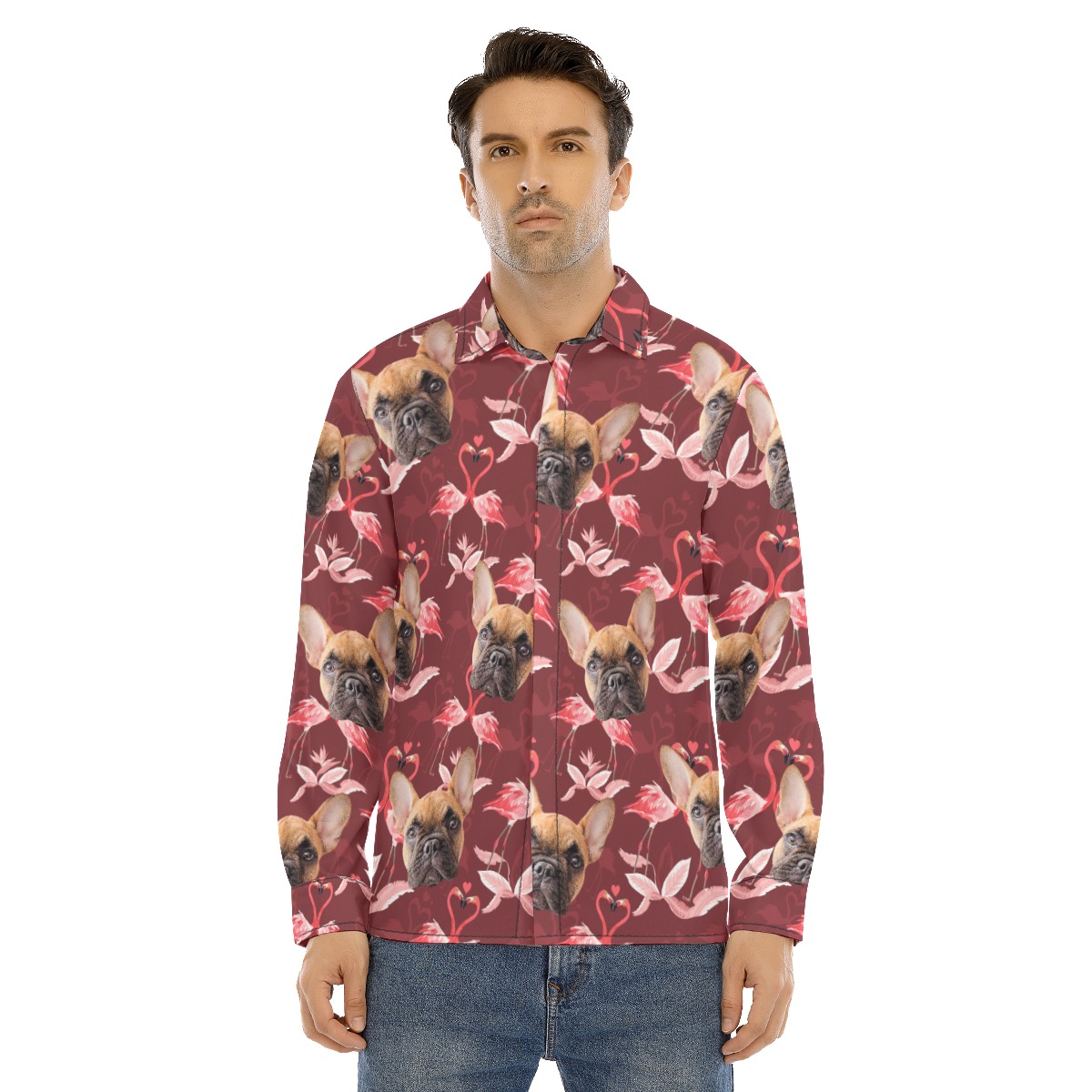 Men's Custom Dog Face Long Sleeve Hawaiian Shirt - variant image 1