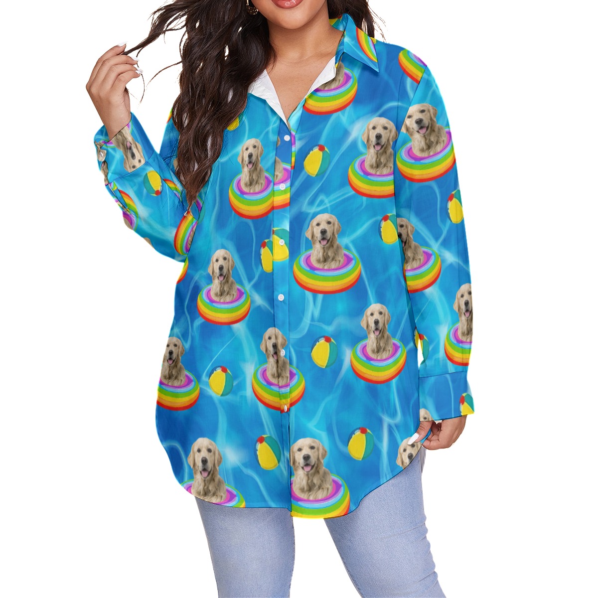 Cute Custom Pet Face Swimming Pool Patterns Hawaiian Plus Size Shirt For Women - variant image 1