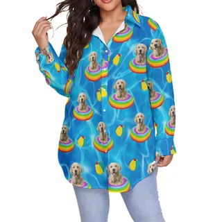 Cute Custom Pet Face Swimming Pool Patterns Hawaiian Plus Size Shirt For Women
